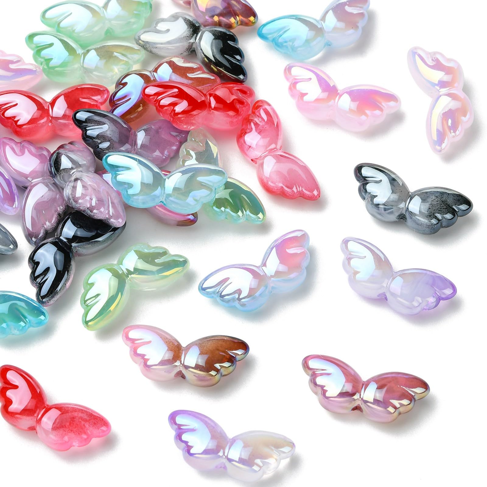 Stiesy 30 Pcs Wing Shaped UV Plated Iridescent Acrylic Beads with Hole, Gradient Mixed Colors Spacer Loose Beads Bulk for Fairy Angel Theme DIY Jewelry Crafts