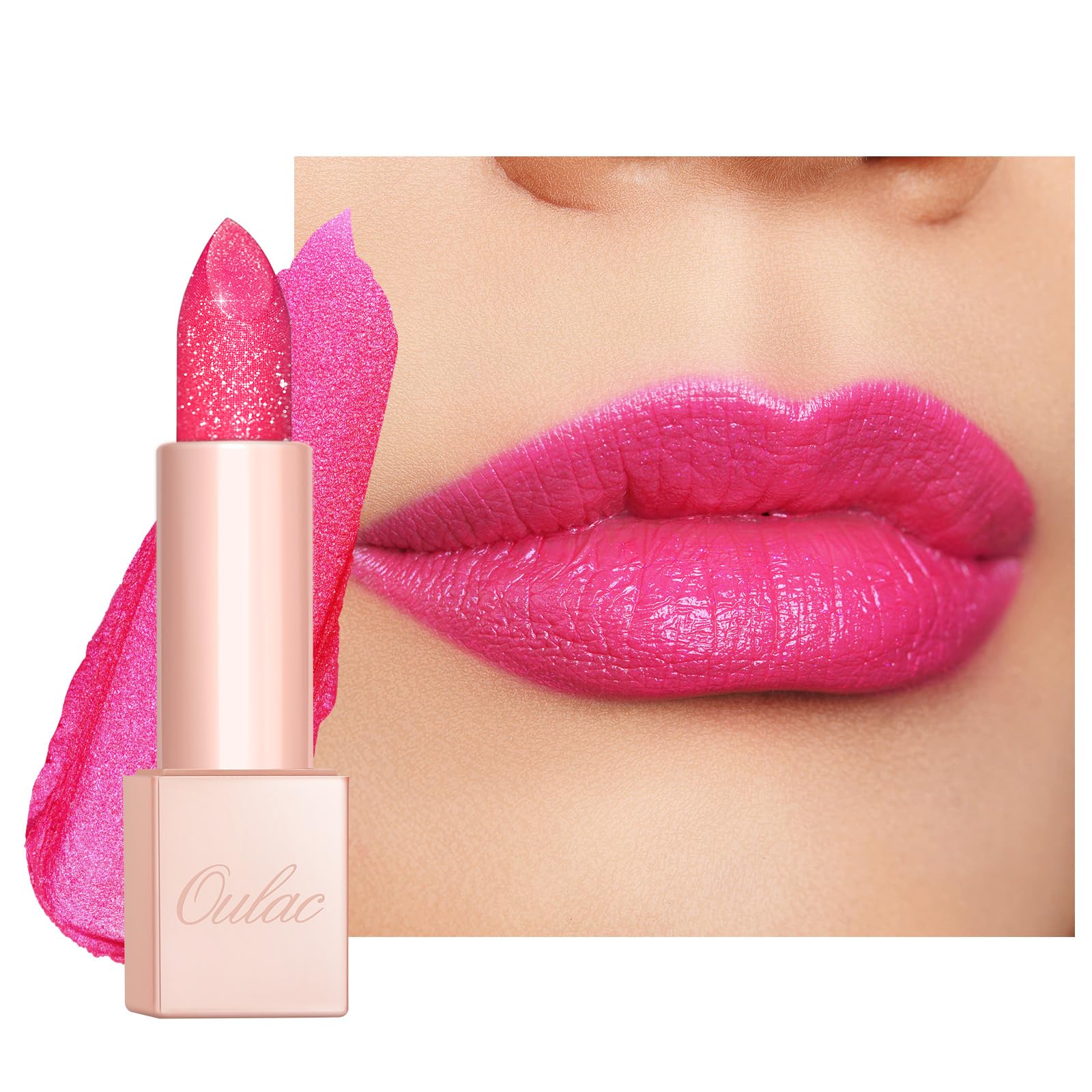Oulac Pink Shimmer Lipstick for Women Infinity High Shine Finish Hydrating Lip Color Infused with Damask Rose Oil