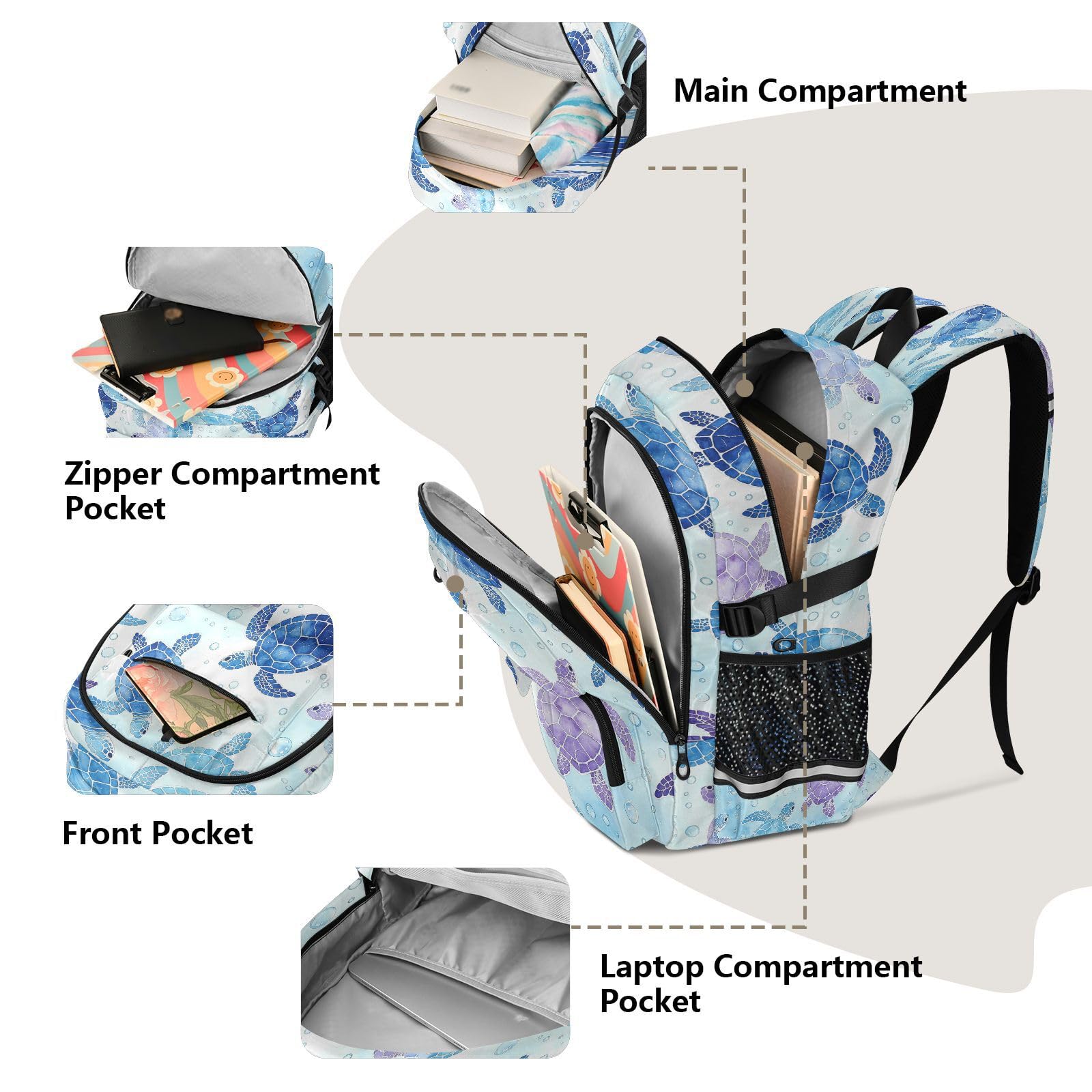 Rucksack mit Schildkrötenmuster und mehreren Taschen für Schule, Reisen, Outdoor, Uni, 44,5 cm (17,5 Zoll) Laptop-Rucksack für Damen und Herren