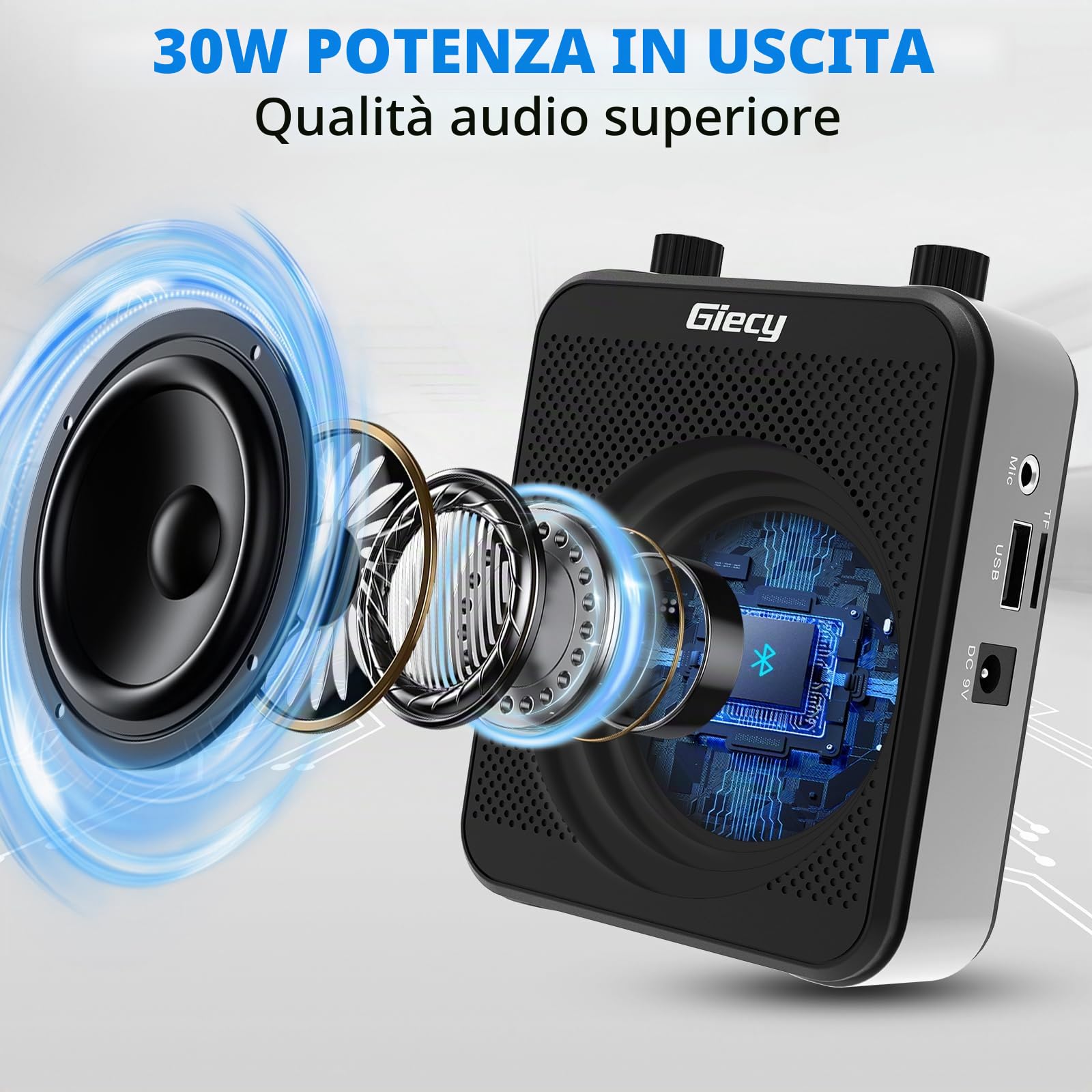 Amplificatore vocale portatile con microfono auricolare batteria ricaricabile da 30 W 2800 mAh potente sistema audio per insegnanti, guide, allenatori, presentatori1