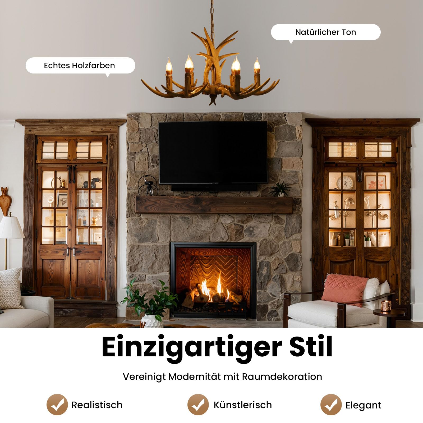 6-Licht Geweih Kronleuchter, Retro Geweihlampe Deckenleuchte Deckenlampe Kronleuchter Harz Hirsch Hirschgewei Pendelleuchte Deckenlampen Licht HäNgelampe für Küche Esszimmer Bar [Energieklasse A++]