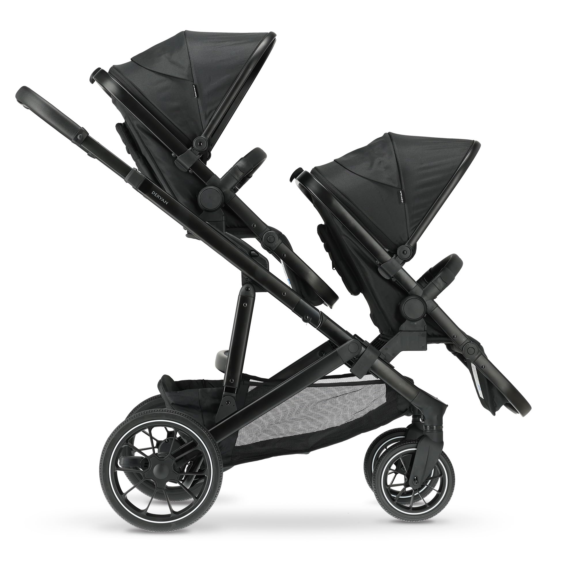 Deryan Evy V2 Passeggino per 2 bambini, Duo Tandem, 0-4 anni, doppio Duett, per neonati e bambini in età prescolare, carrozzine fino a 50 kg, passeggino, passeggino da viaggio 2 in 1, Nero con zecca