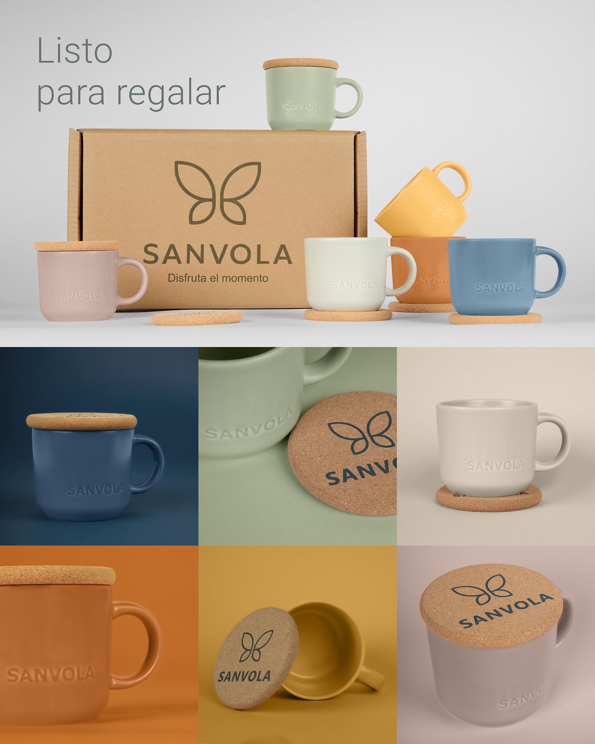 6 tazas desayuno 350 ml, juego de tazas de cafe de gres cerámico mate con tapa-posavasos de corcho 2 en 1, aptas para microondas y lavavajillas, ideales como tazas cafe con leche y tazas de te