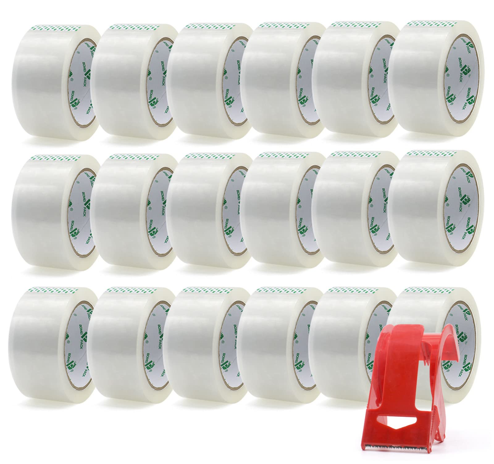 BOMEI PACK Ruban Adhésif Distributeur Transparent Rouleau Adhésif 18 rouleaux Emballage de ruban adhésif pour boîtes d'emballage et carton 66m x 48mm