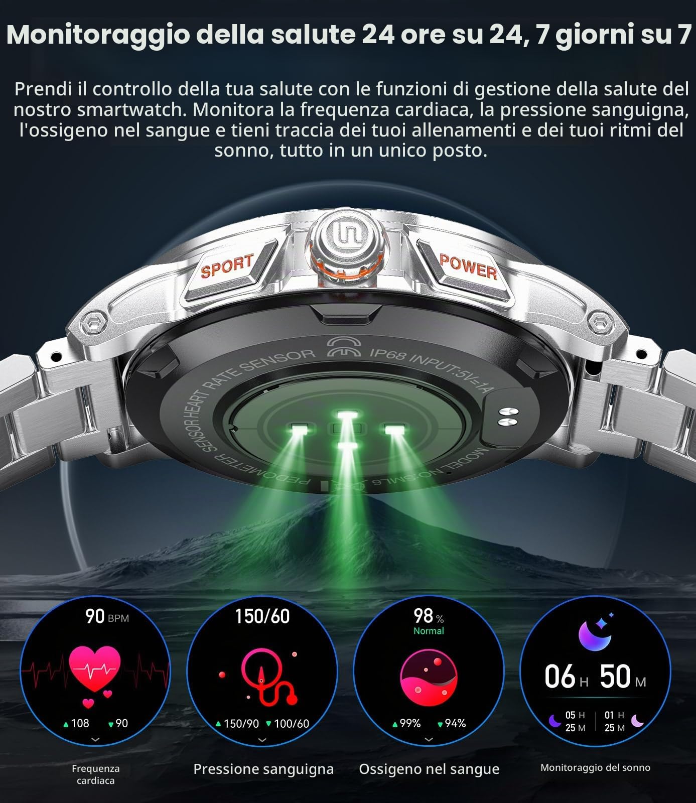 Militare Smartwatch Uomo, 1,43" Display AMOLED con Chiamate Bluetooth, 3 Cinturini, Impermeabile IP68, Monitoraggio della Frequenza Cardiaca/Sonno, 120+ Modalità Sportive Android e iOS, Argento