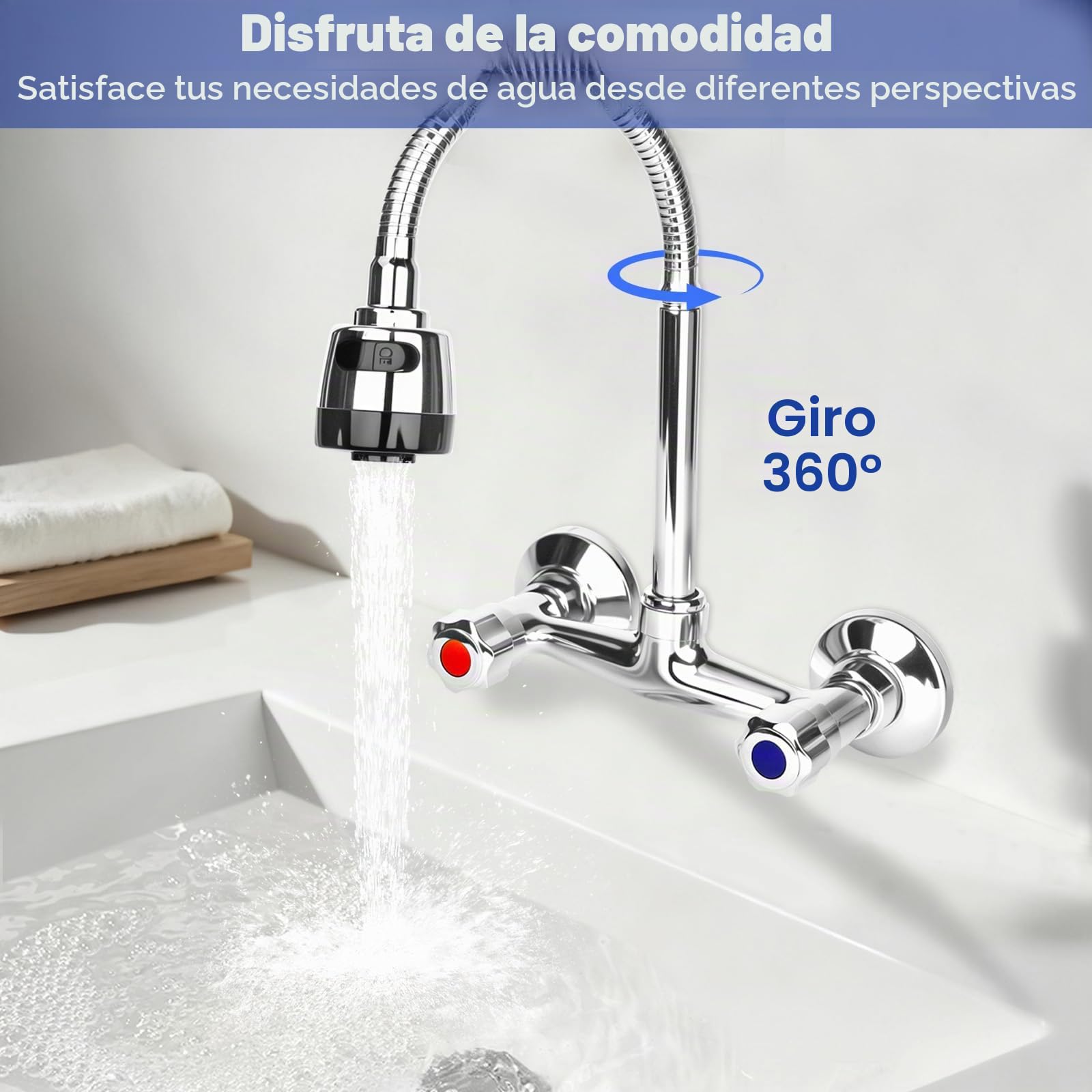 Mezclador de pared de dos manijas de latón, grifo de fregadero giratorio 360°, interruptor de agua fría y caliente, grifo de pared para cocina, grifo de fregadero, 2 modos de drenaje de agua