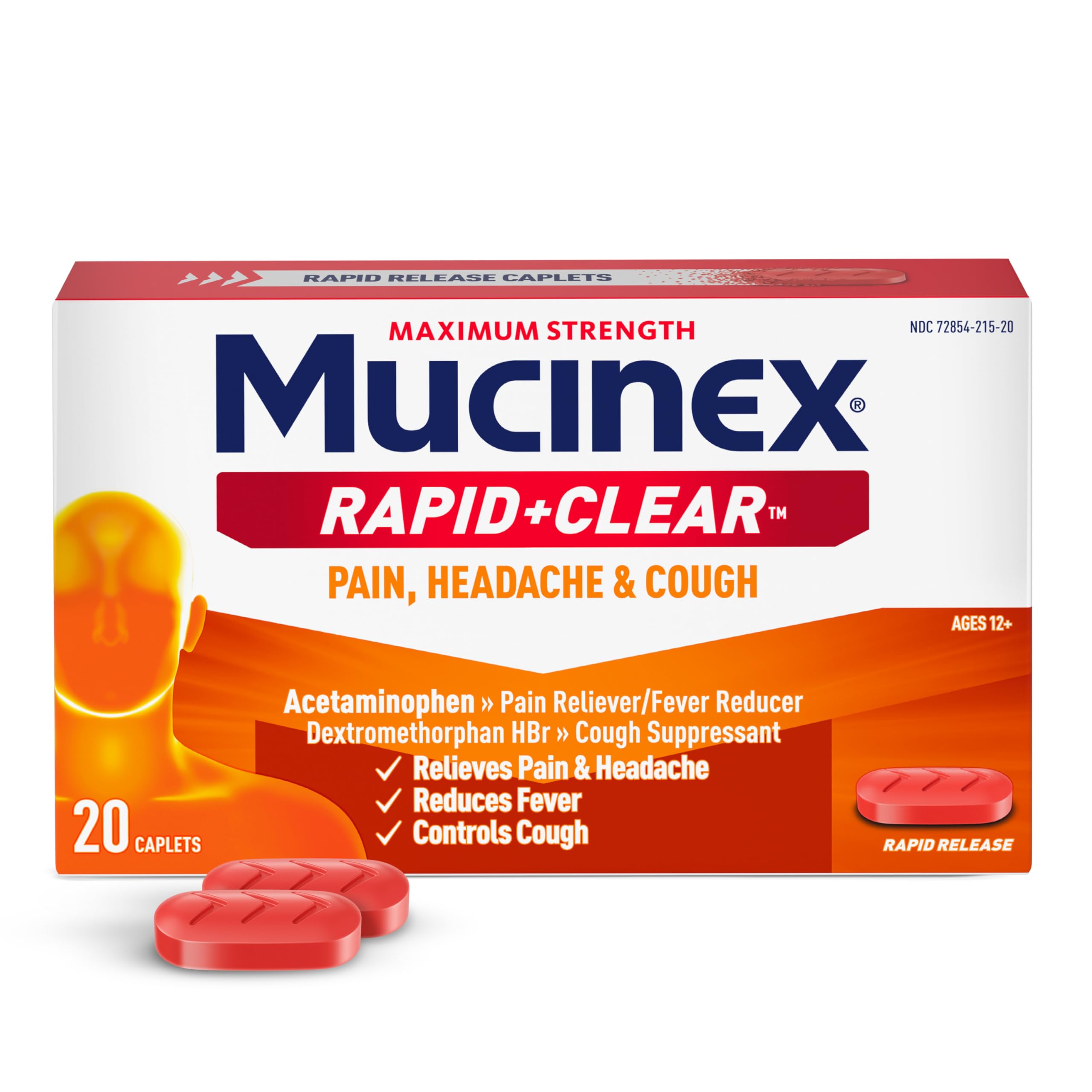 Mucinex Rapid+Clear Maximum Strength Cold & Cough Medicine, Fever, Pain, Headache, & Cough Relief with Acetaminophen & Dextromethorphan, Rapid Release Caplets for Adults, 20 Count