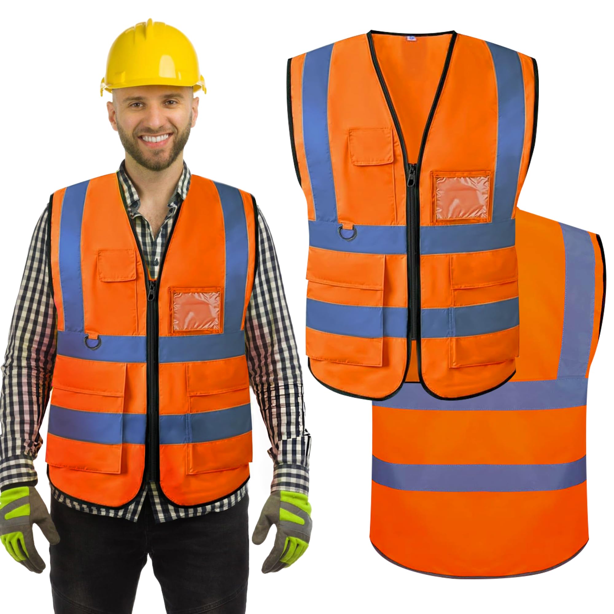 Wraplyft Hi Visibility Custom Safety Work Vest for Men and Women | Vest with Zipper Front and Multi Function Pockets - 360° Reflective Coverage with 2-Inch Reflective Tapes - (Orange,XL)