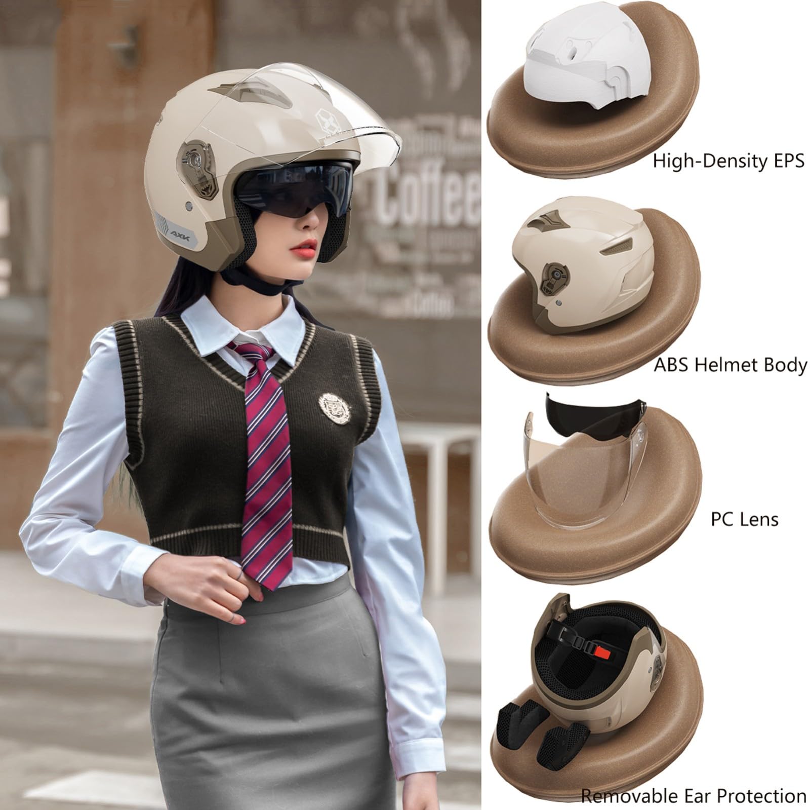Kask motocyklowy dla dorosłych mężczyzn Homme damski, 3/4 kask z podwójnymi wizjerami, kask motocyklowy w stylu retro z certyfikatem DOT/ECE
