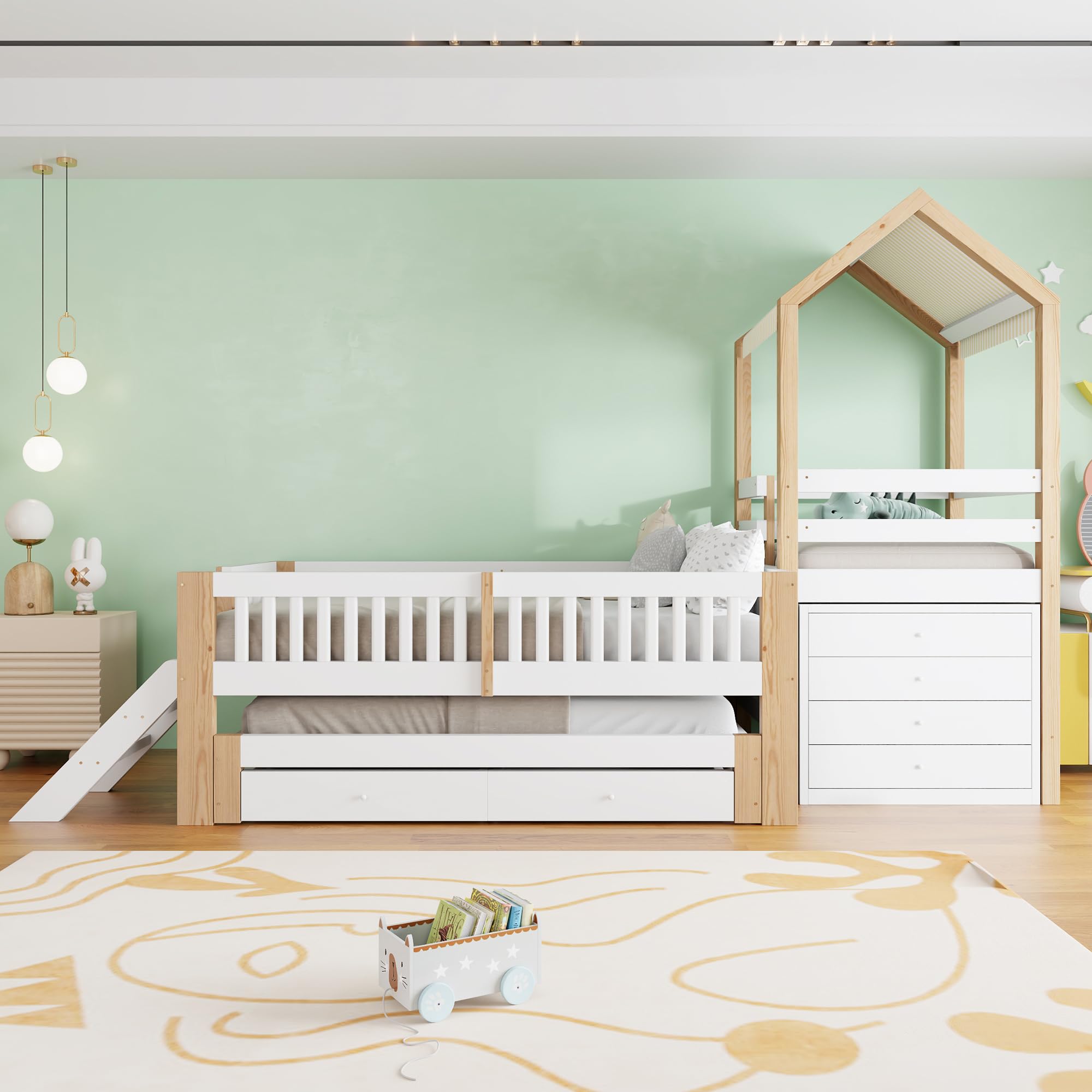 Letto Montessori 90x200 con Letto Estraibile 90x190 cm e 2 Cassetti (Bianco+Naturale-1)