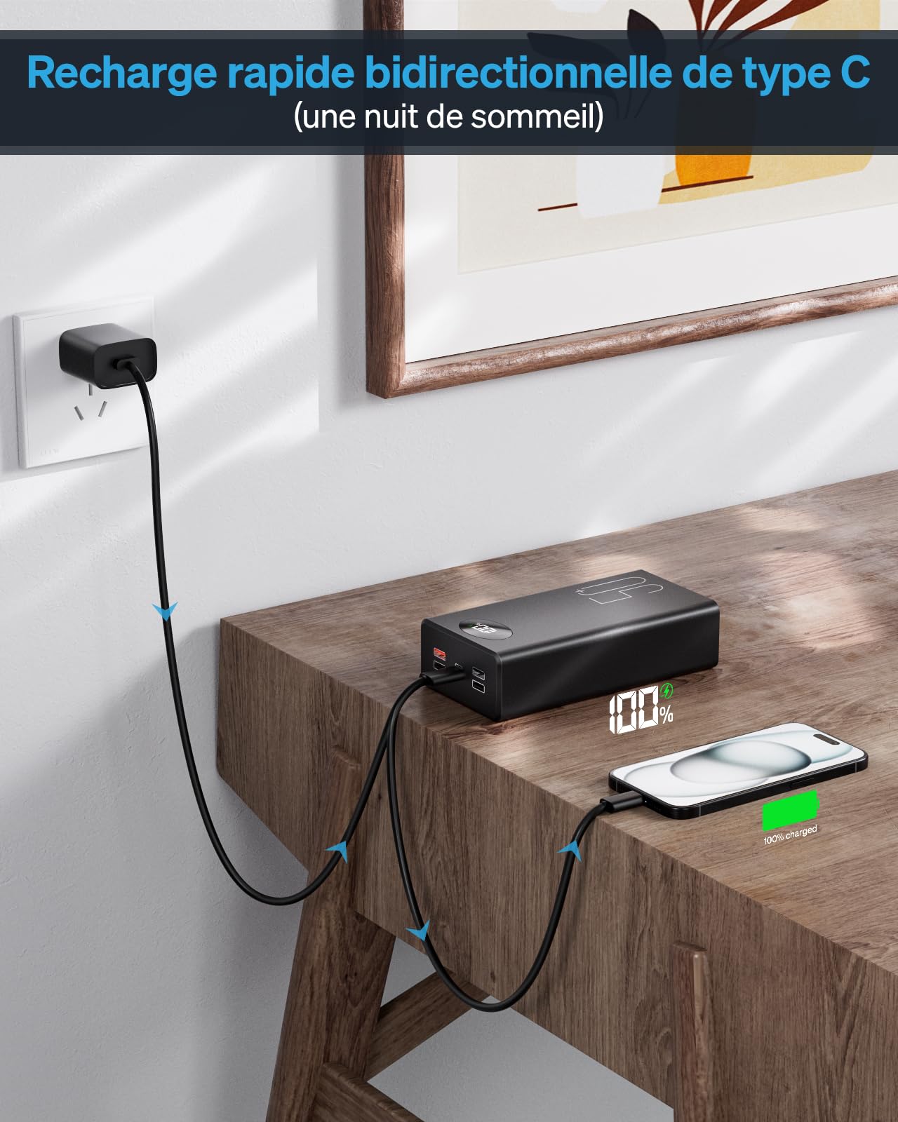 Batterie Externe 50000 mAh Power Bank : Batterie Externe de Charge Rapide 22,5 W avec 5 Sorties et 2 entrées et Lampe de Poche