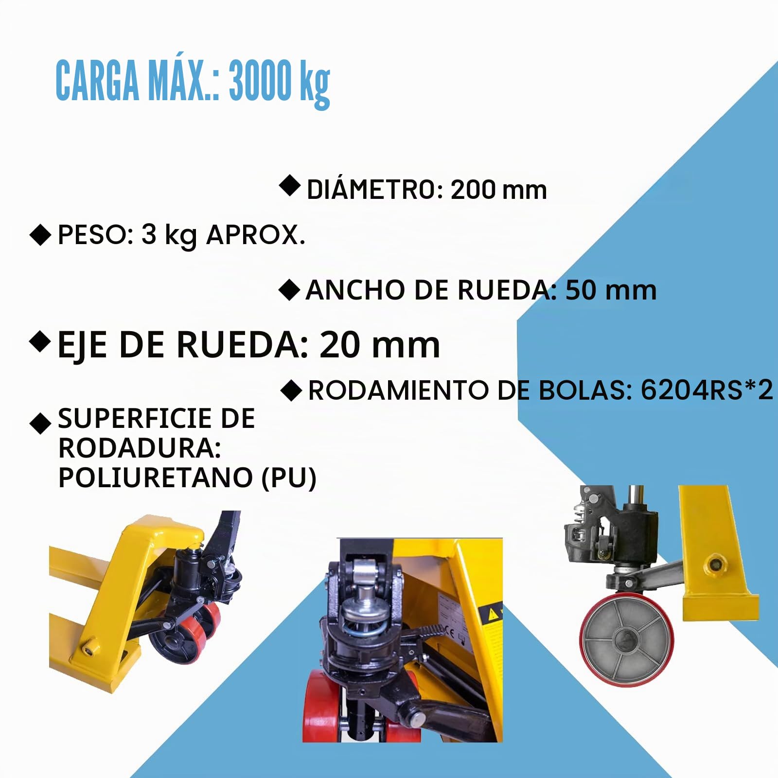 2 piezas de ruedas de transpaleta de poliuretano 200 x 50 mm, eje de 20 mm incl. rodamientos, ruedas de repuesto para transpaletas, carga máxima 3000 KG