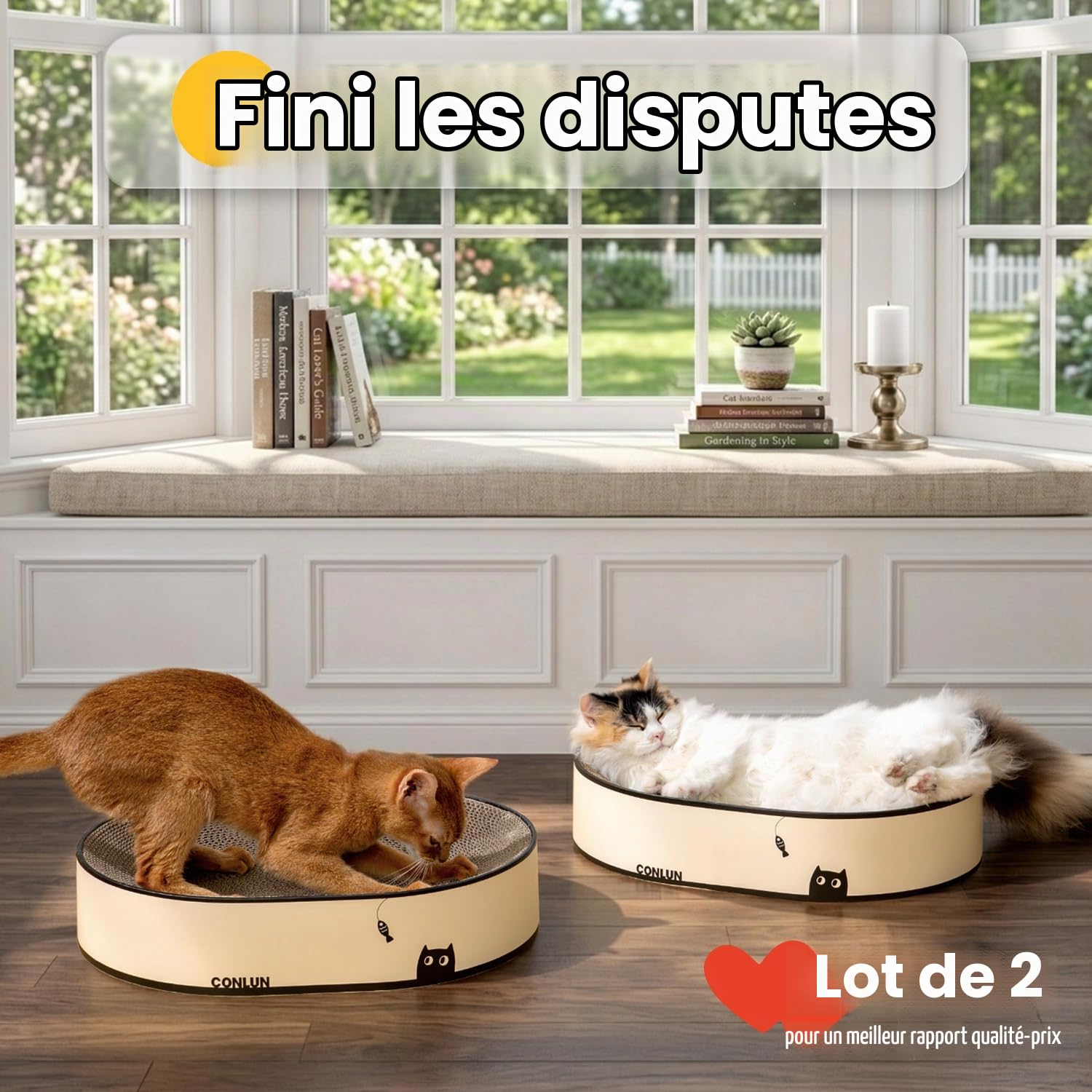 Conlun Griffoir Ovale Chat Lot 2, Lit Carton Anti-Débris | Idéal Multi-chats | Base Fermée pour Limiter les Débris | Protège le Canapé | Carton Dense | Max 6 kg par Petit Chat
