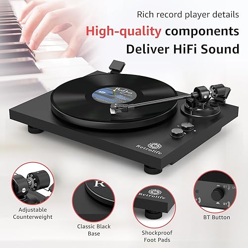 Miniatura 8 de Tocadiscos con salida inalámbrica, brazo de fibra de carbono, reproductor de vinilo con plato de aluminio, transmisión por correa, tocadiscos LP