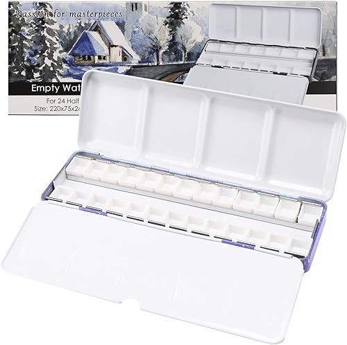 Miniatura 7 de MYARTOOL Paleta de acuarela vacía, caja de pintura de lata de acuarela vacía de metal con 24 piezas de medias bandejas vacías para bricolaje paleta
