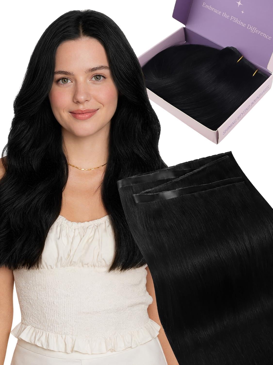 Photo 1 of Fshine Butterfly Weft Real Human Hair Extensions, Seamless Invisible Genius Weft, 16 Inch Jet Black, 50 g, OVO Hole Micro Hand-Tied Look Straight Silky Hair, Suitable for Wedding 1 Piece