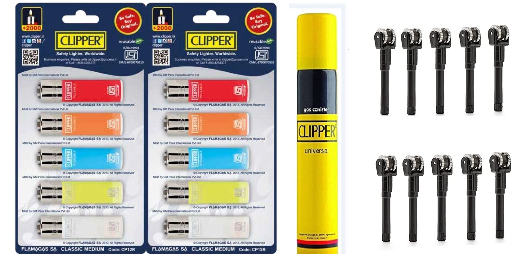 Clipper Refillable Cigarette Lighters (CP12)- 10 PCS + 100ml Gas Can + Flint System 10 Pcs