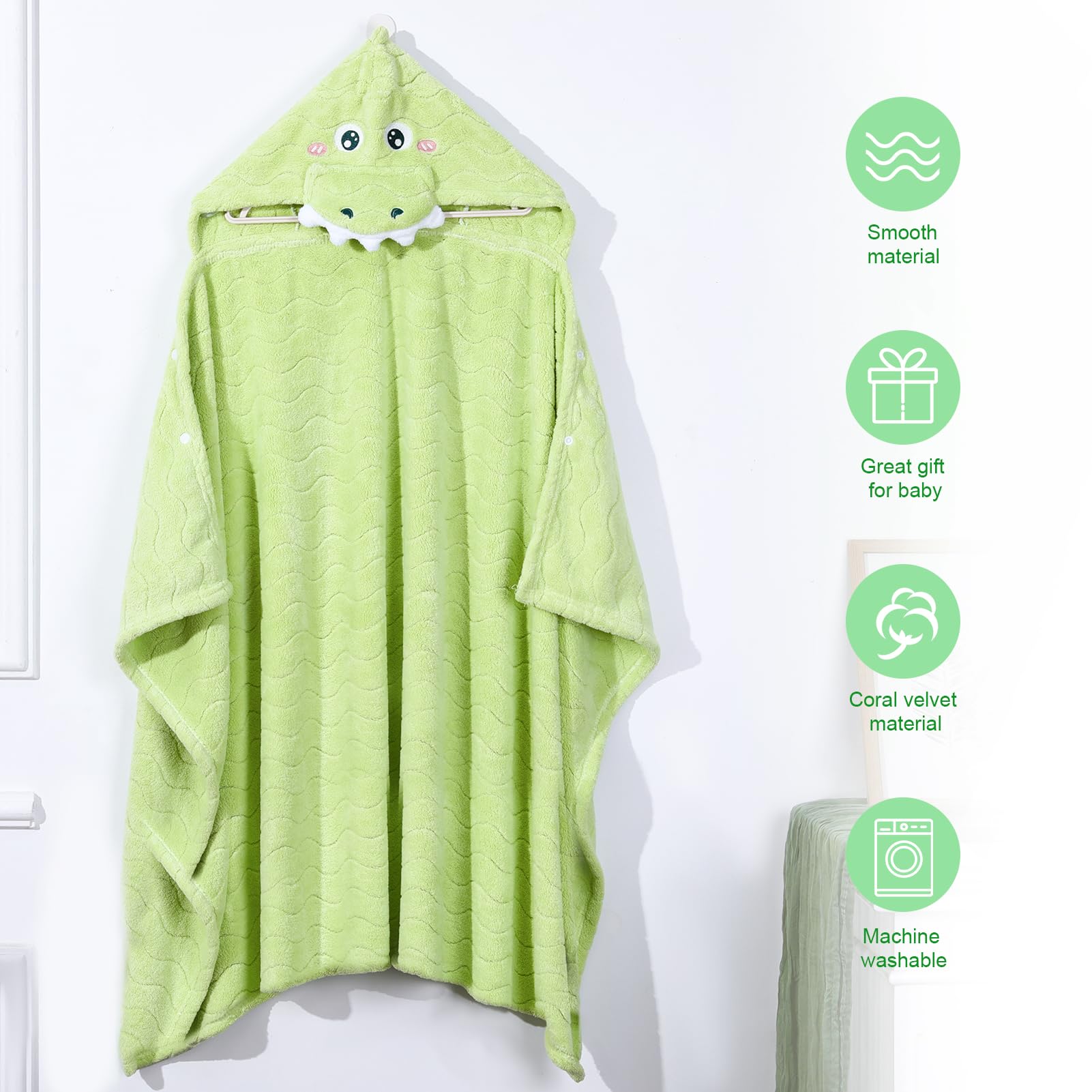 saerryor Baby Hooded Towel with Snap Button,Large Green Dino Bathrobe Bath Poncho Towel Soft Absorbent for Swimming After Bath - Image 4