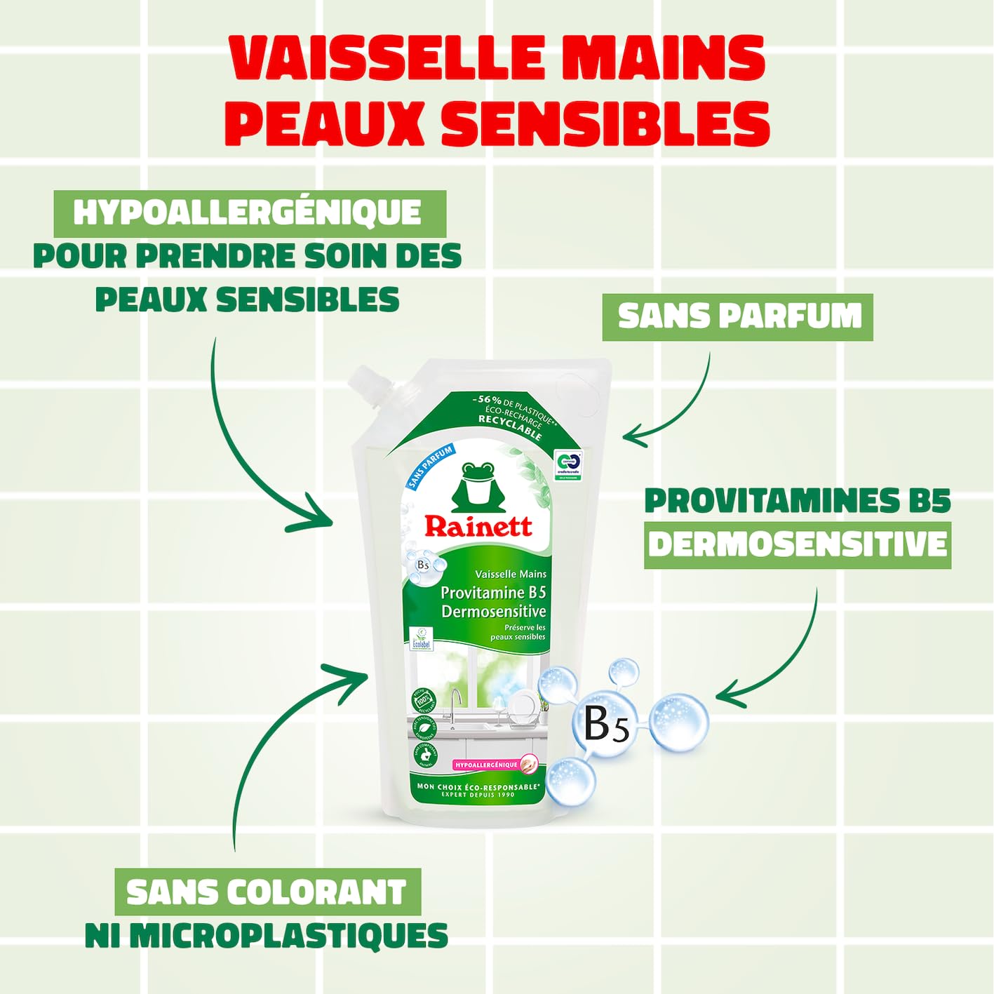 RAINETT - Liquide Vaisselle Mains Dermosensitive - Éco-Recharge 1 L - Formule Hypoallergénique - pH Neutre - Préserve les Peaux Sensibles - Poche 100% Recyclable - Ecolabel - Éco-Recharge 1 L