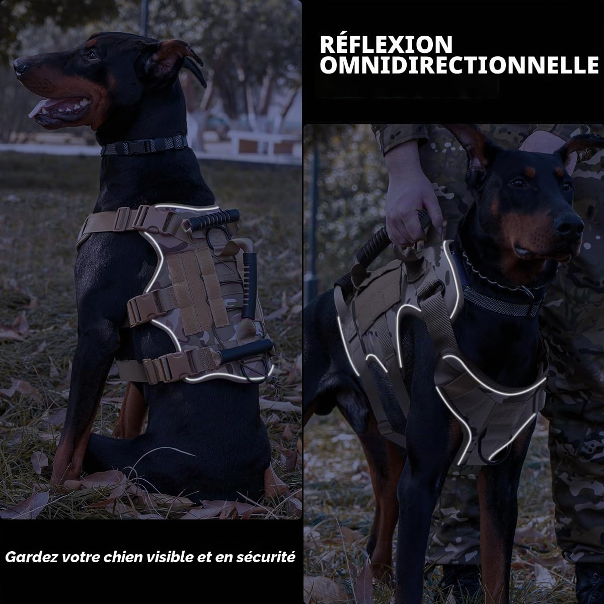 Harnais Chien, Harnais Anti Traction pour Chien RéGlable, Réfléchissant Harnais en Y avec 3 Poignée ContrôL, Facile à Mettre, Respirant Veste Tactique (Camouflage, M)