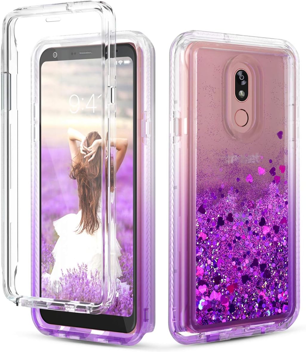 Dexnor Compatible with LG Stylo 5 Case with Built in Screen Protector Clear Glitter Bling Quicksand Rugged Silicone Hard 3D Dual Layer Hybrid Defender Bumper for Girl Women Purple