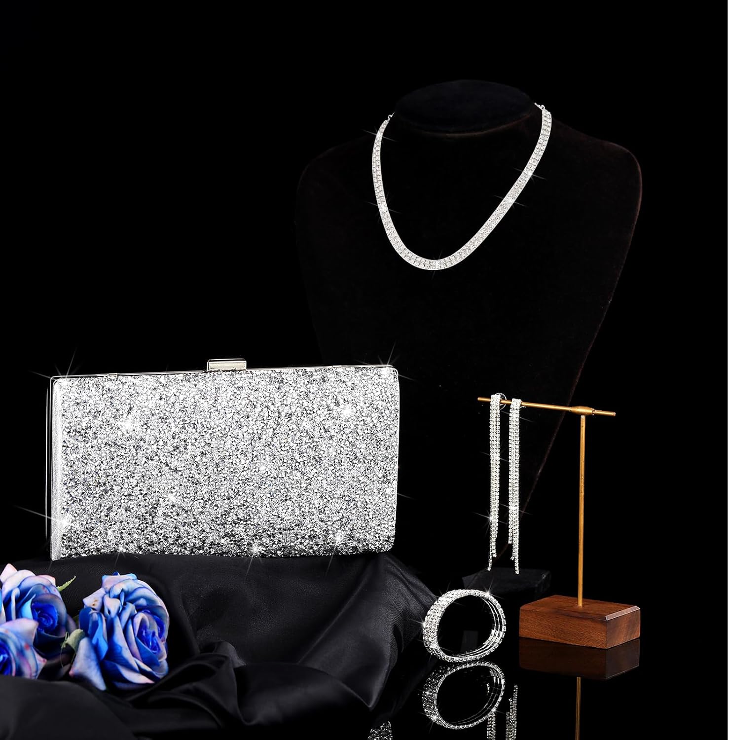 Kigeli 4 Pieces Women Rhinestone Evening Clutch Bag Bling Earring Necklace Bracelet for Wedding Formal - Image 4