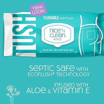 Nice 'N Clean Adult Flushable Wipes (8 x 42 Count) | Personal Cleansing Wipes Made from Plant-Based Fibers | Infused with Aloe & Vitamin E