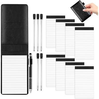 Notepad Small Mini Notepad A7 Set of 15 Mini Notebook with 8 Replacement Pads PU Leather Black Cover with Ballpoint Pen Includes 5 Refills for Outdoor Activities