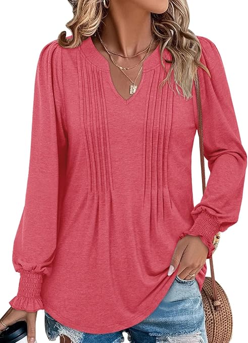 BETTE BOUTIK Long Sleeve Shirts for Women Fall Tops Dressy Blouses Pleated V Neck Tunic Tops for Leggings S-3XL