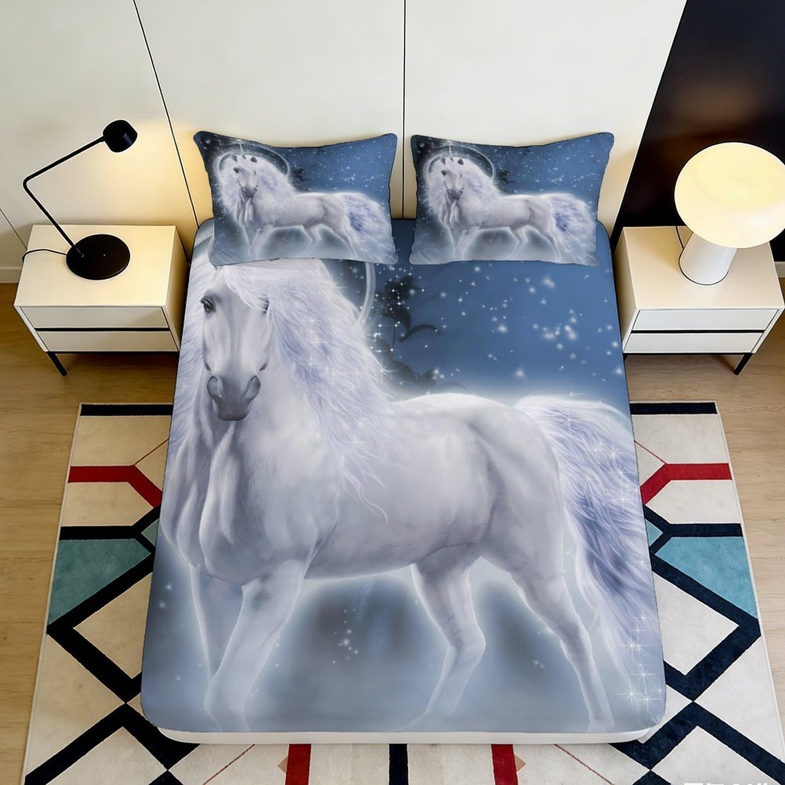 3D Printed White Horse Fitted Sheet Microfiber Soft Blue Night Sky Bed Cover for Bedroom Dorm Mattress Protection Decor 90x200x25cm