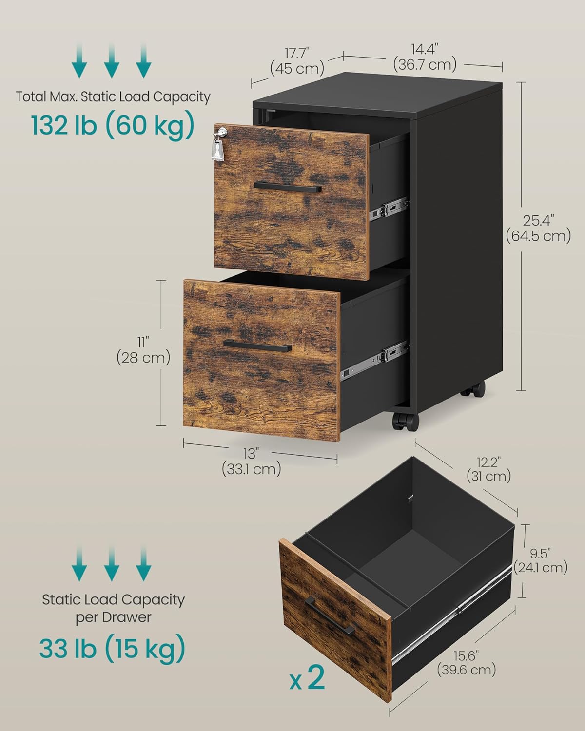 SONGMICS File Cabinet, Pre-Assembled Except Wheels and Handles, Office Filing Cabinet with Lock, for A4, Legal, Letter Sized Documents, 17.7 x 14.4 x 25.4 Inches, Rustic Brown and Black UOFC112B02