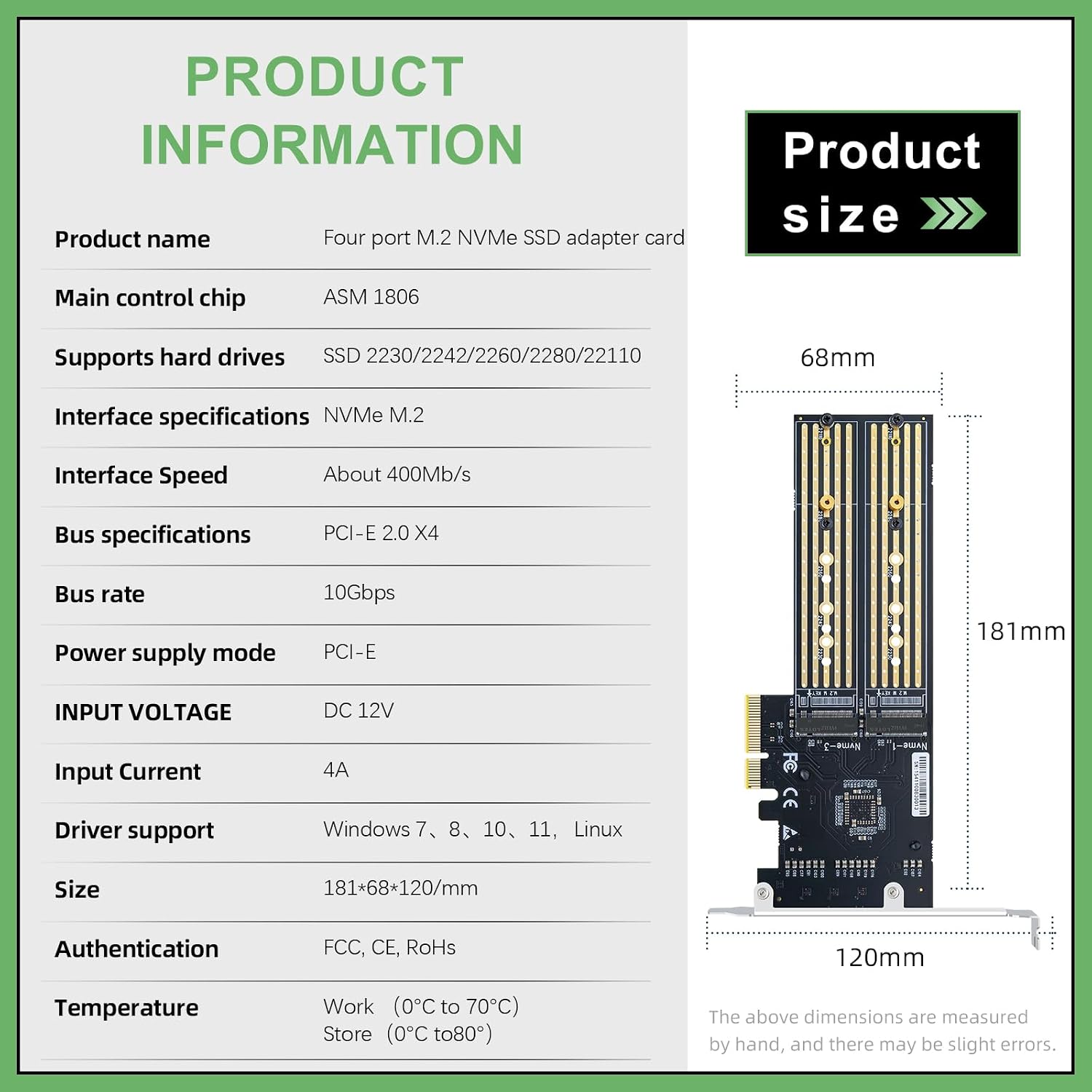 PCIe 2.0 x4 to M.2 Adapter Card, 4-Port Slot NVMe SSD Expansion Card, Support 4X M.2 NGFF SSDs at Full Speed,PCIe Expansion Card for PCI-EX4X8X16(10Gbps)