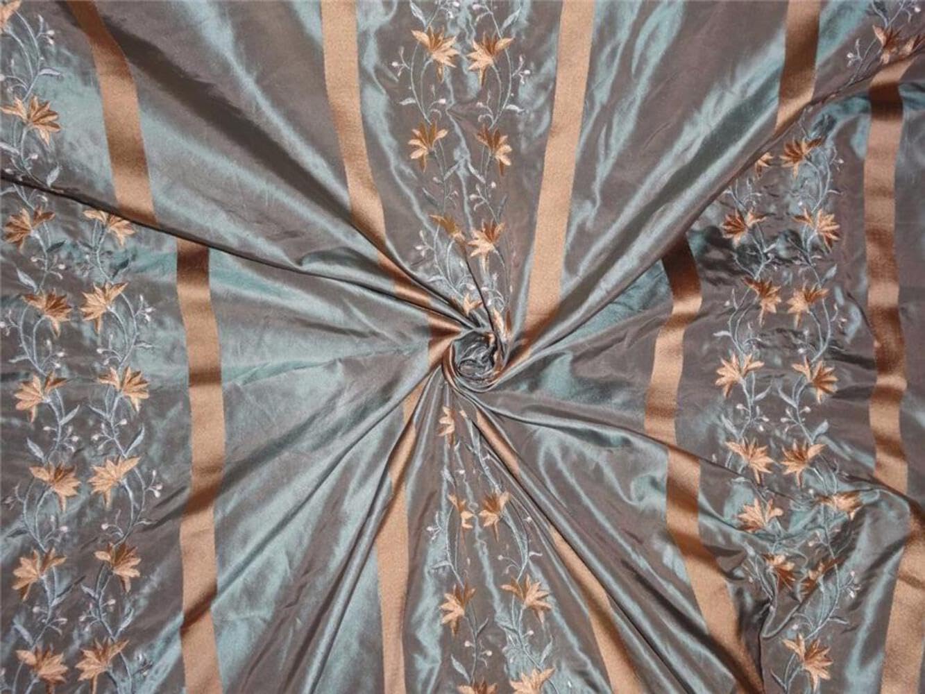 Taffetas de soie bleu et beige à rayures dorées 137 cm TAF#E14 pour haute couture - 7