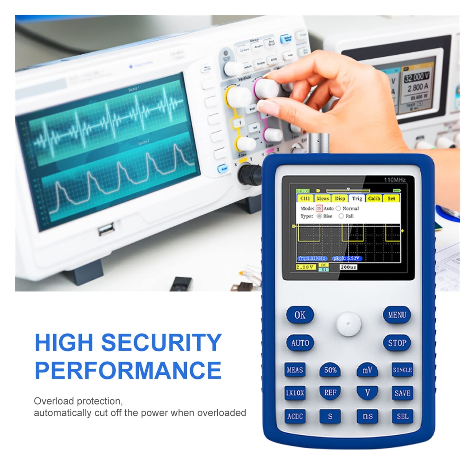 Generador de señal Actual Osciloscopio Digital de Mano 500 MS/s Tasa de muestreo 110 MHz Ancho de Banda analógico Almacenamiento de Forma de Onda Pantalla de 2,4 Pulgadas