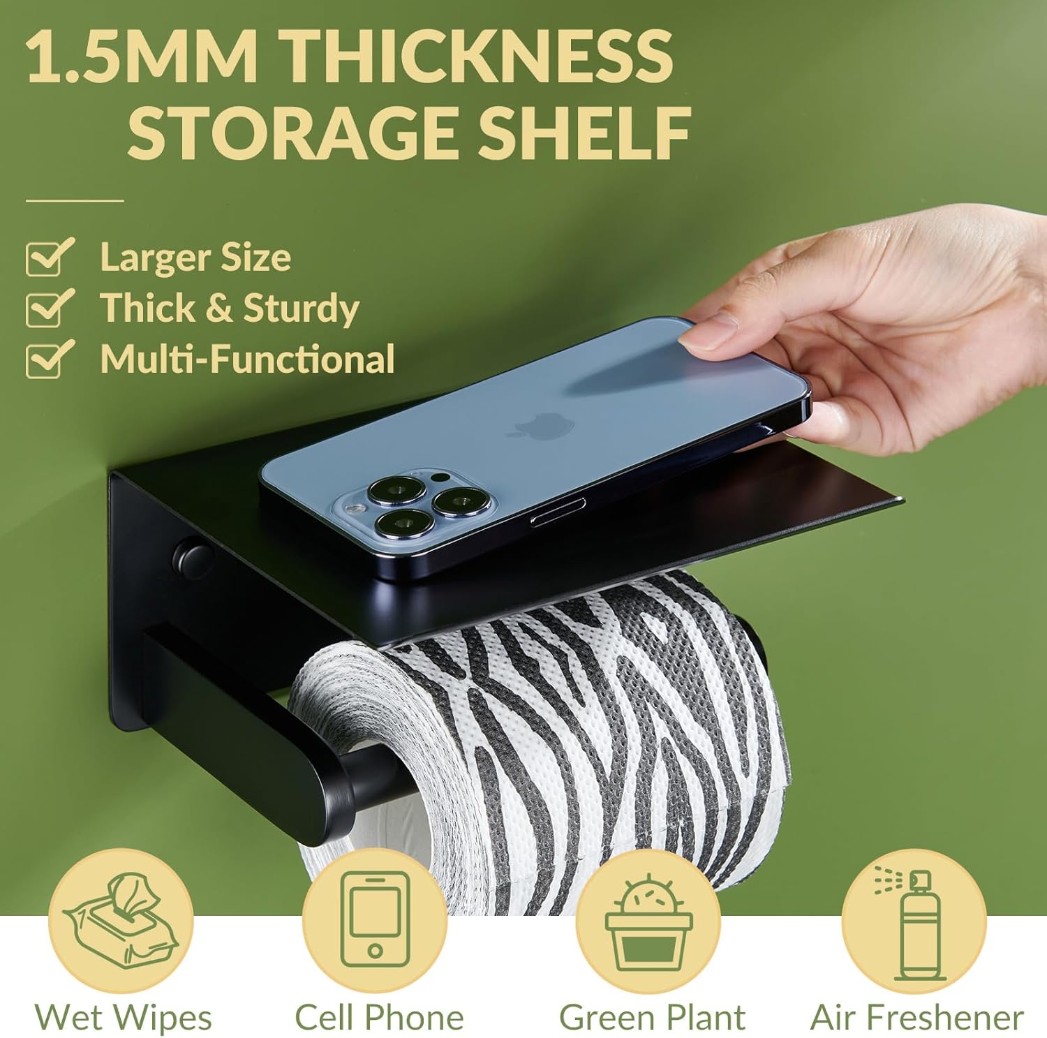 APLusee Toilet Paper Holder with Shelf, Swivel Towel Hook Bundle, 304 Stainless Steel Wall Mounted Bathroom Accessories Set Matte Black