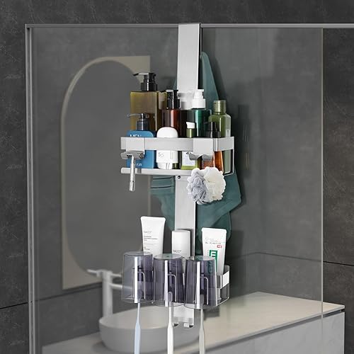 Miniatura 9 de Emibele Organizador de ducha colgante de 2 niveles, estante de ducha de acero inoxidable con ganchos, organizador de ducha sin taladro para puerta