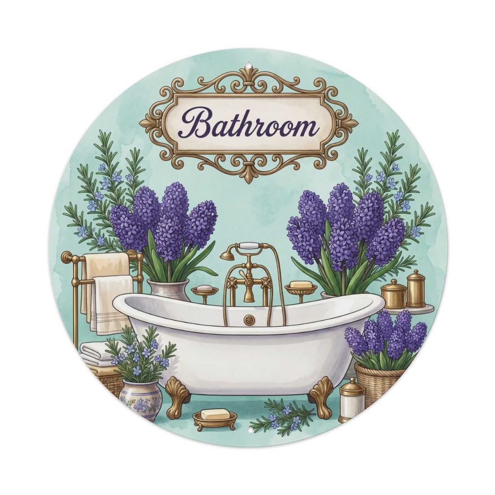 Yrnq Vintage Style Bathroom Hyacinth Spa Bathroom Wall Vintage Metal Tin Sign Plaque Wall Decor For Cafe, Club, Garden Round Metal Poster 8X8inch