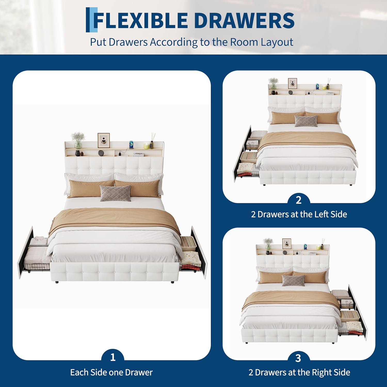Garvee Queen Size Bed Frame with 2 Storage Drawers, Upholstered Bed Frame Queen with LED Light, Double-Layer Bedside Headboard with Charging Socket and USB Port, Soft Plush Fabric, White