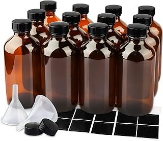 PINIWON 12 Pack 8 oz Amber Glass Bottles, 240ml Boston Round Sample Bottles with Black Poly Cone Caps, Labels and Funnels