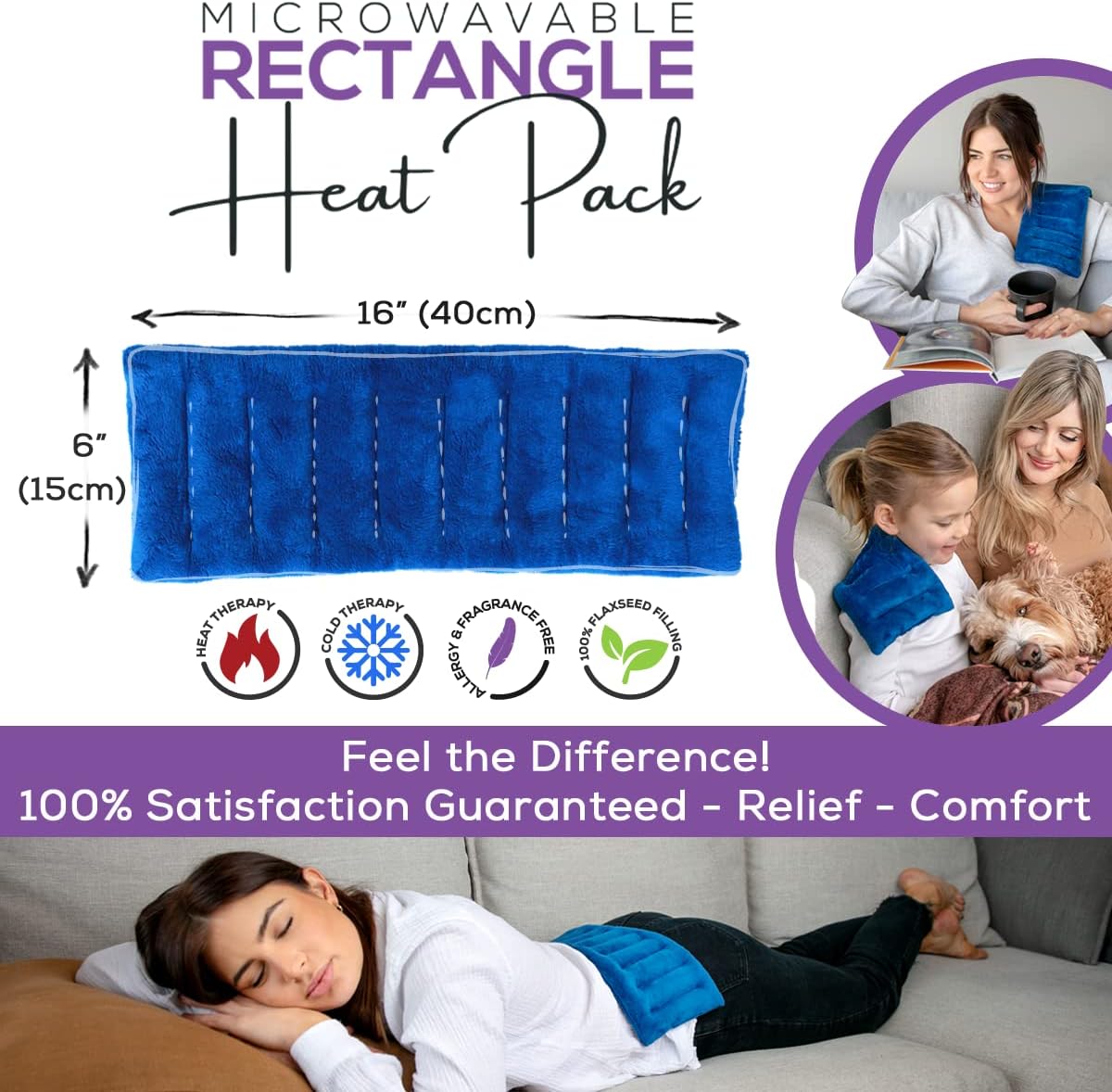 Purple Moon Collection - Microwavable Heating Pad for Neck & Shoulders - 6x16 in, Blue - Flaxseed Heat Pack - Weighted Hot & Cold Therapy Compress Wrap for Pain Relief, Menstrual Cramps, Sore Muscles