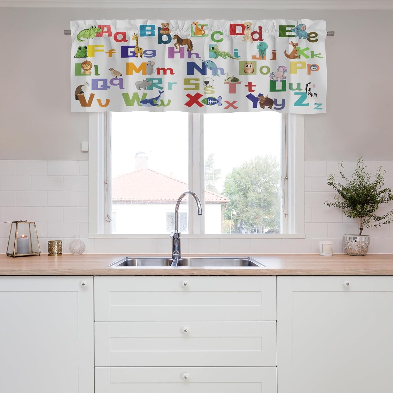 Funny ABC Letters Animals Valances 54''x18'' Kids Toddler Nursery Bedroom Decor Drapes Educational Learning Rod Pocket Short Curtains Window Treatment Living Room Bathroom Laundry Kitchen 1 Pack