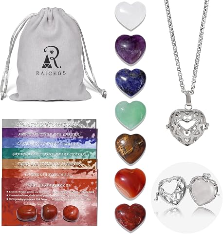 Raicegs Heart Shaped Crystals and Healing Stones 7 Chakra Crystal Necklace