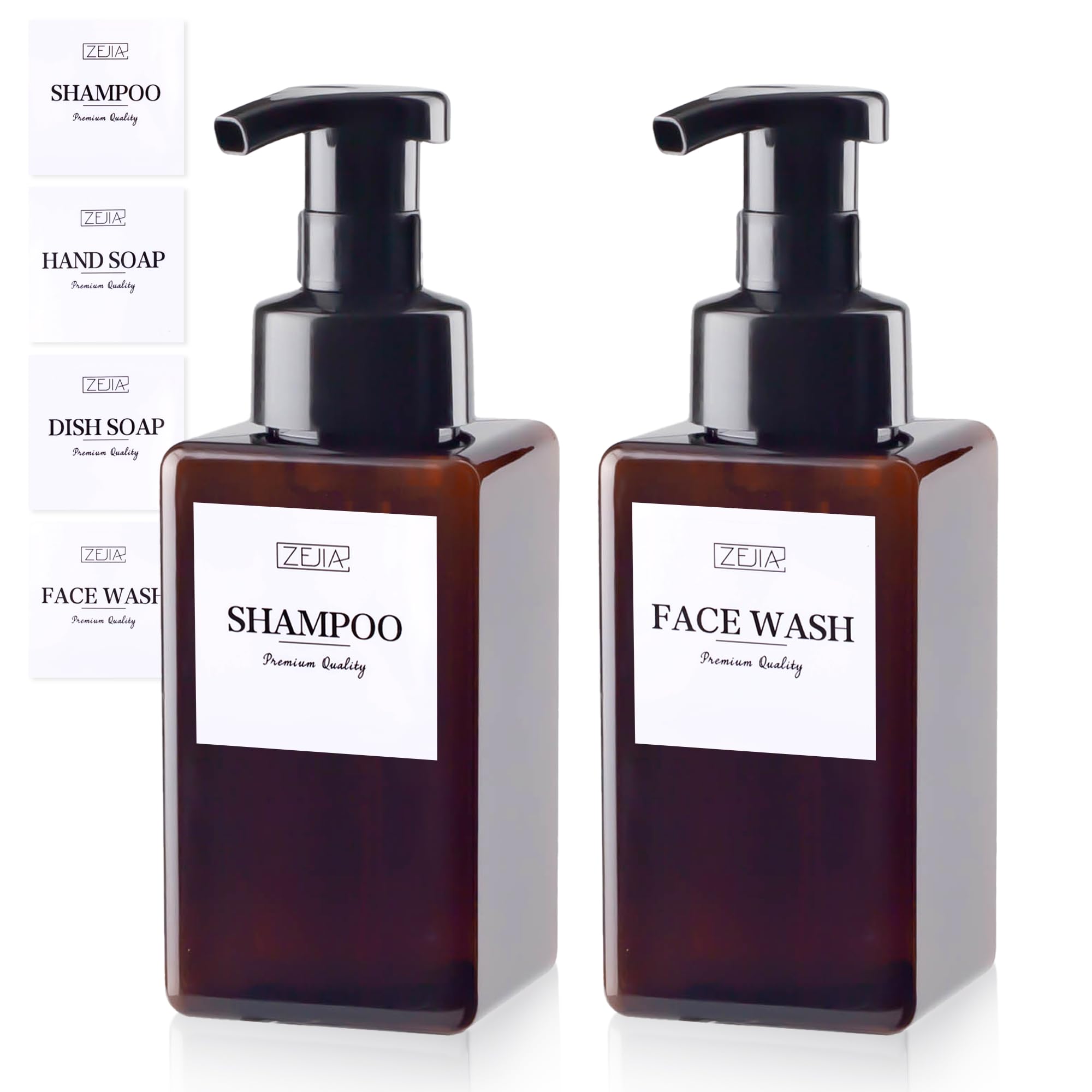 ZEJIA 15OZ Foaming Soap Dispenser, 2-Pack Plastic Hand Soap Dispenser, Refillable Leakproof Foam Pump Bottle with Waterproof Labels, for Shampoo, Body