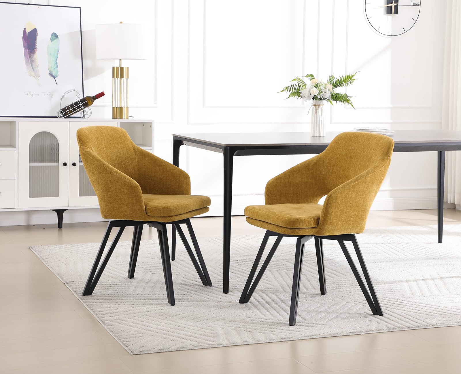 chairus 2 PZ Sedie da Cucina Girevoli Sedia da Pranzo in Ciniglia, Giallo | Poltroncina Imbottita con Gambe in Metallo Sedia Moderna per Sala da Pranzo/Soggiorno