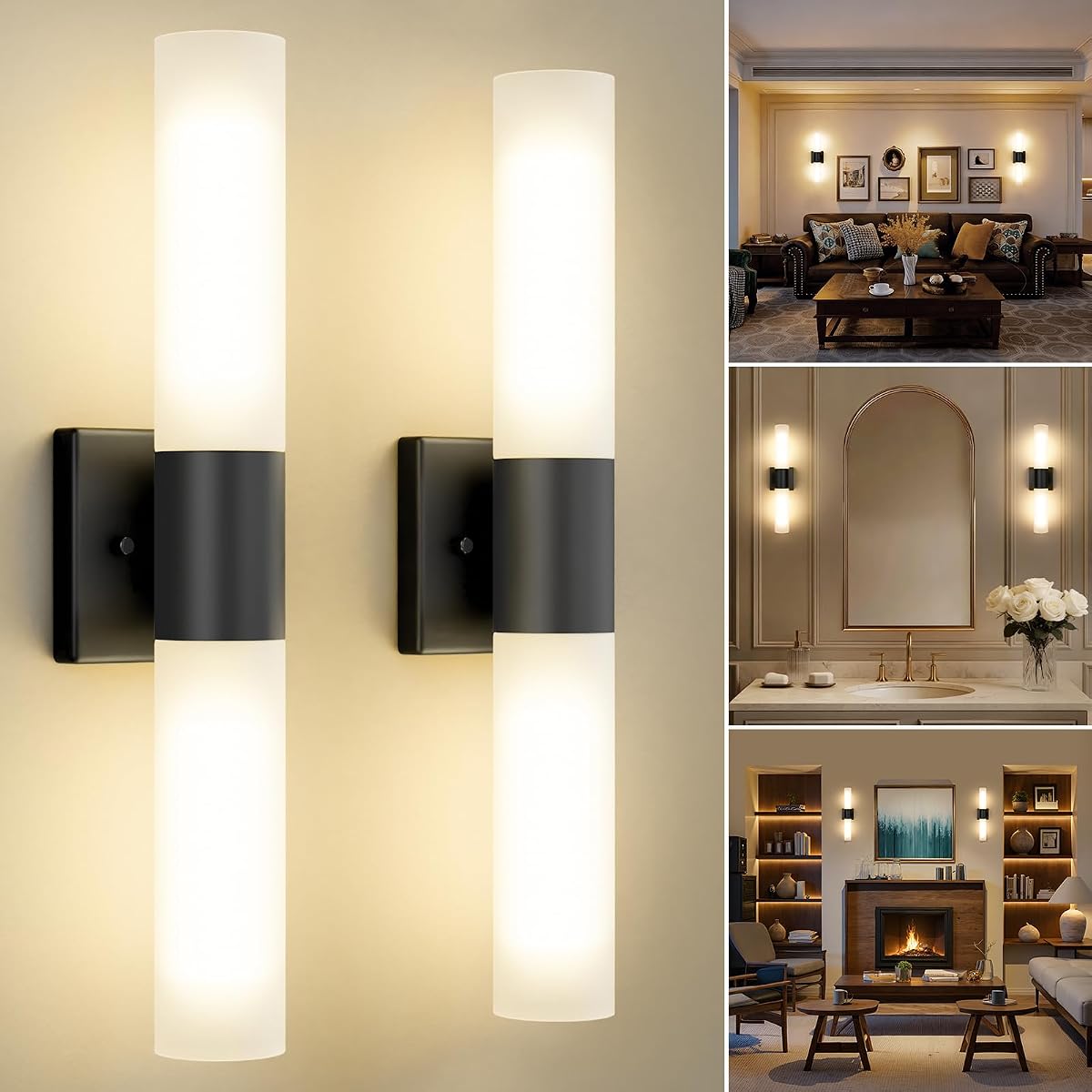 Juego de dos apliques de pared, tocador moderno de 21", vidrio esmerilado, negro | Luminaria de pared interior. Para baño, espejo, dormitorio, sala de estar, pasillo. Accesorios de montaje incluidos. Fácil de instalar.