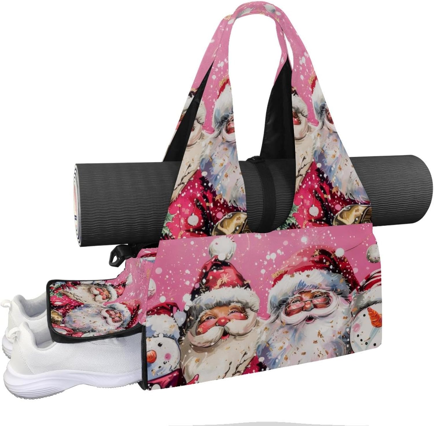 Gym Bag for Women, Santa Claus Pink Yoga Mat Bag with Shoe Compartment, Sport Yoga Gym Bag with Yoga Strap, Carryall Yoga Tote Bag