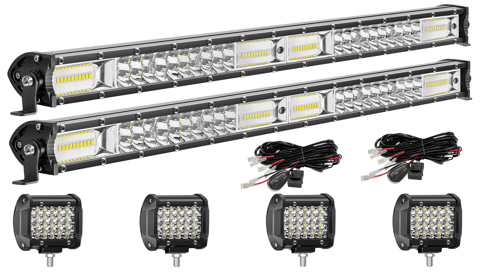 MUVKQC LED Light Bar Kits - 25 Inch Slim Light Bars with 4 Inch LED Pod Lights&Wiring Harness,12V 24V Spot Flood Combo Fog Lights Driving Work Lights for ATV UTV Trucks Tractor Pickup Cart SUV