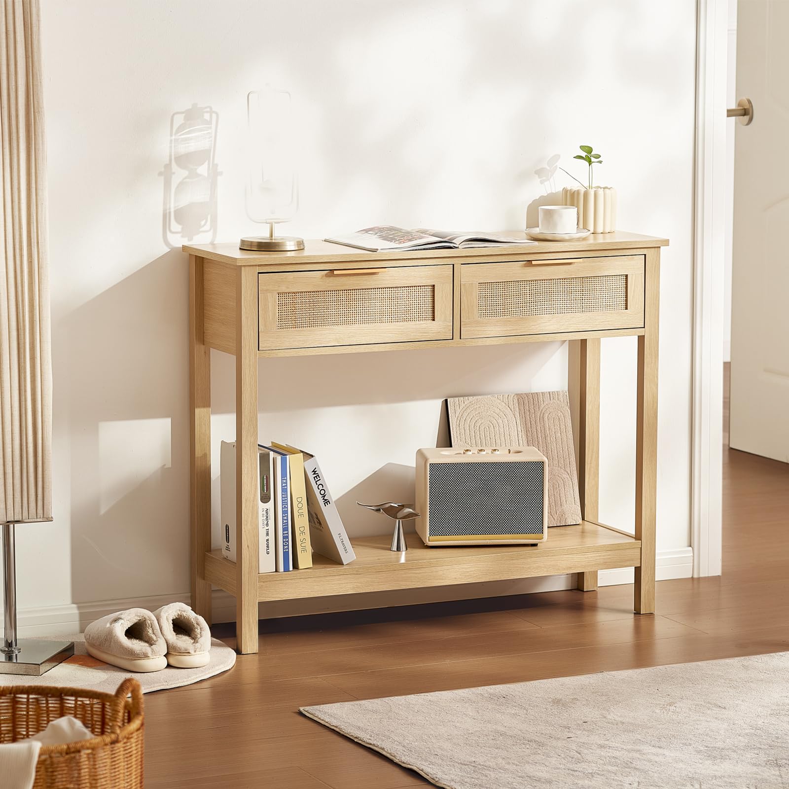 VEVOR Tavolo Consolle in Rattan con 2 Cassetti Portaoggetti, Tavolo Ingresso con Porta Scorrevole in Rattan Naturale, Tavolo Consolle Divano per Soggiorno, Studio, Ingresso o Parete TV, Naturale