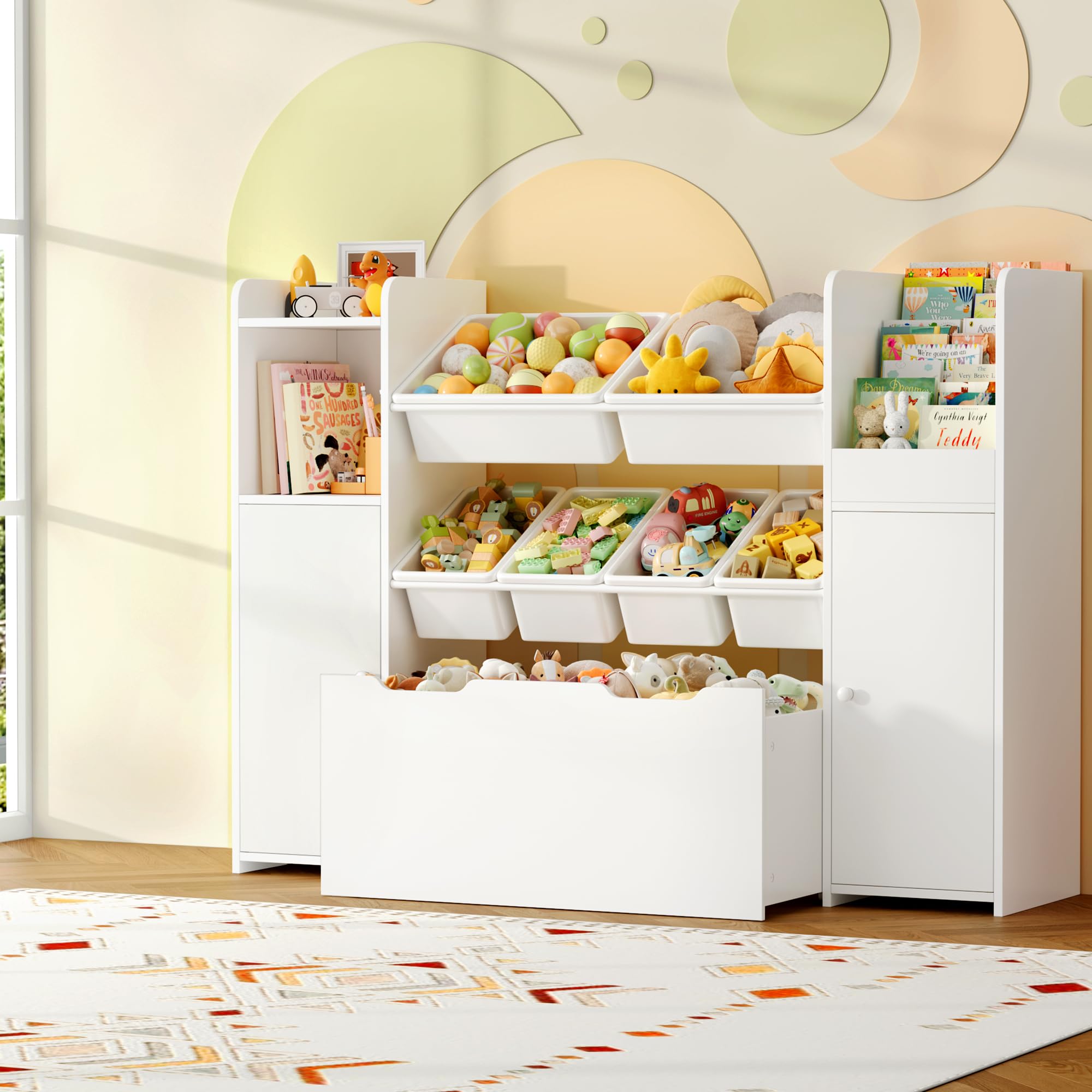 FOREHILL Organizer Giocattoli, Porta Giochi Bambini con 6 Scatole Contenitori, Mobile Porta Giochi con Portariviste, 1 Cassetto Grande con Ruote, per Cameretta e Sale Giochi, 138x30x94 cm (Bianco)