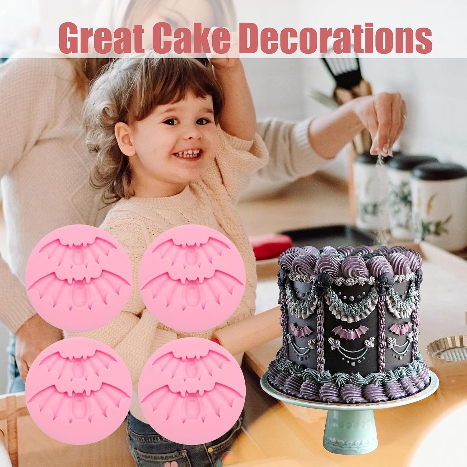 Halloween Bat Silicone Mold 4 Pcs, Bat Chocolate Fondant Mold for Cake Decoration Candy Cupcake Topper Cake Polymer Clay Crafts Epoxy Resin